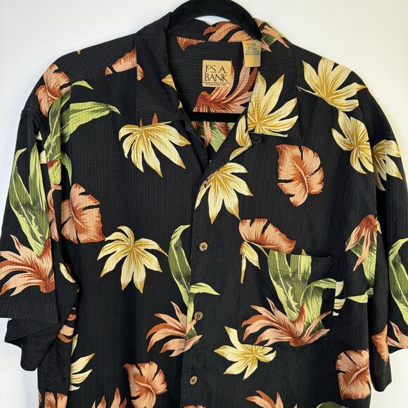Jos A Bank 100% Silk Hawaiian Camp Shirt Men's Large Black Tropical Floralwhat - Picture 3 of 10
